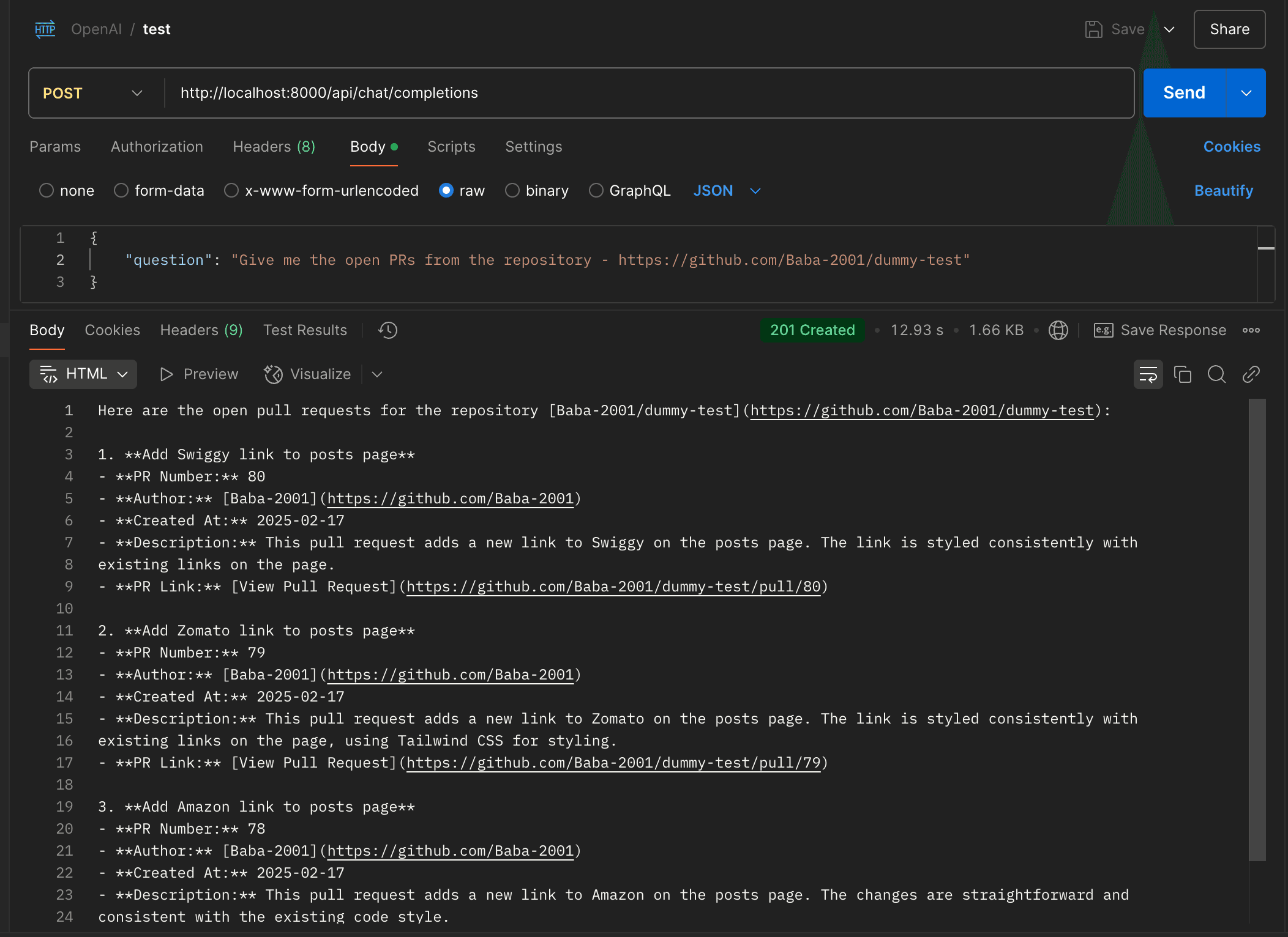 ai response for open prs with tool