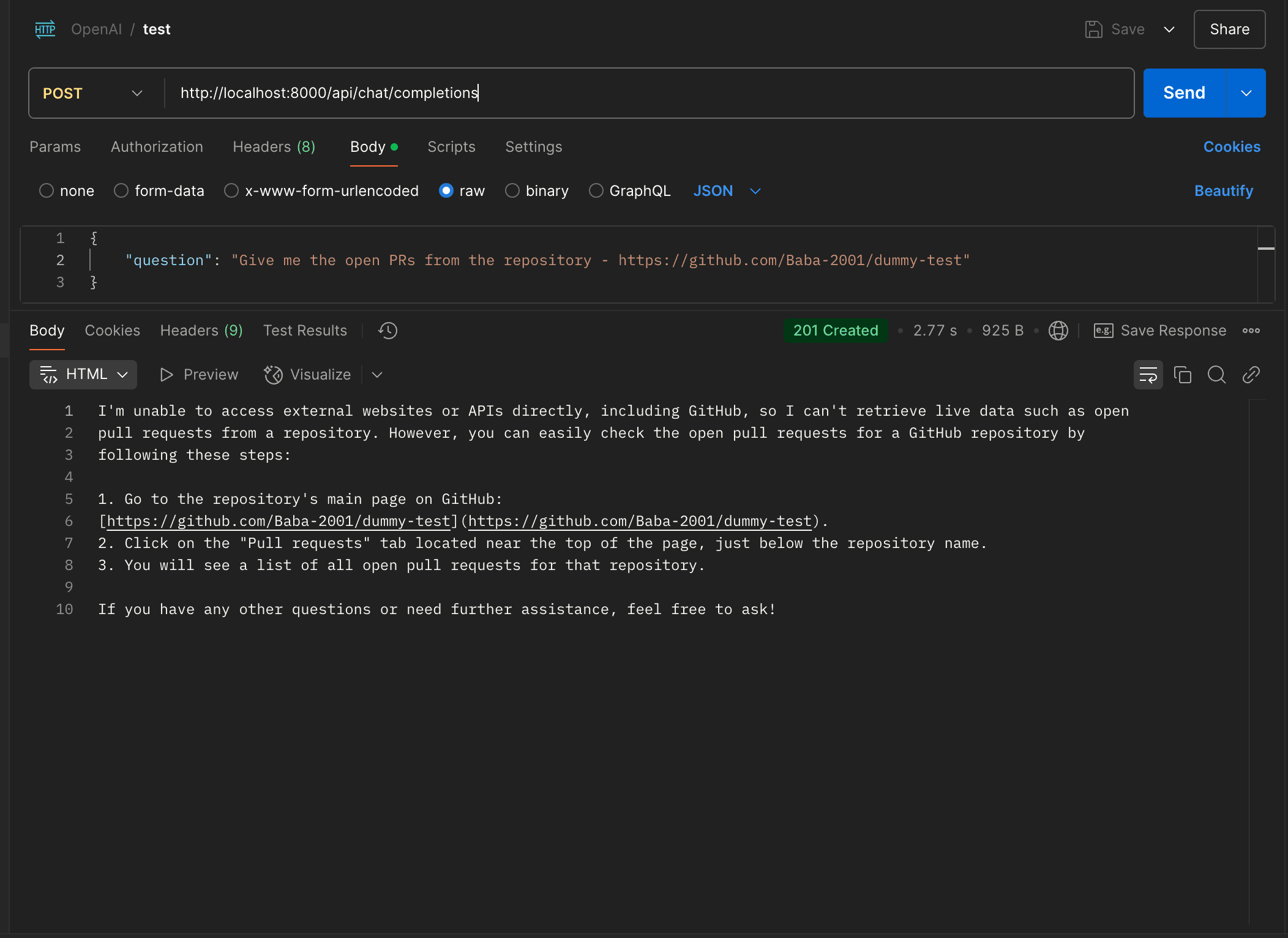 ai response for open prs without tool
