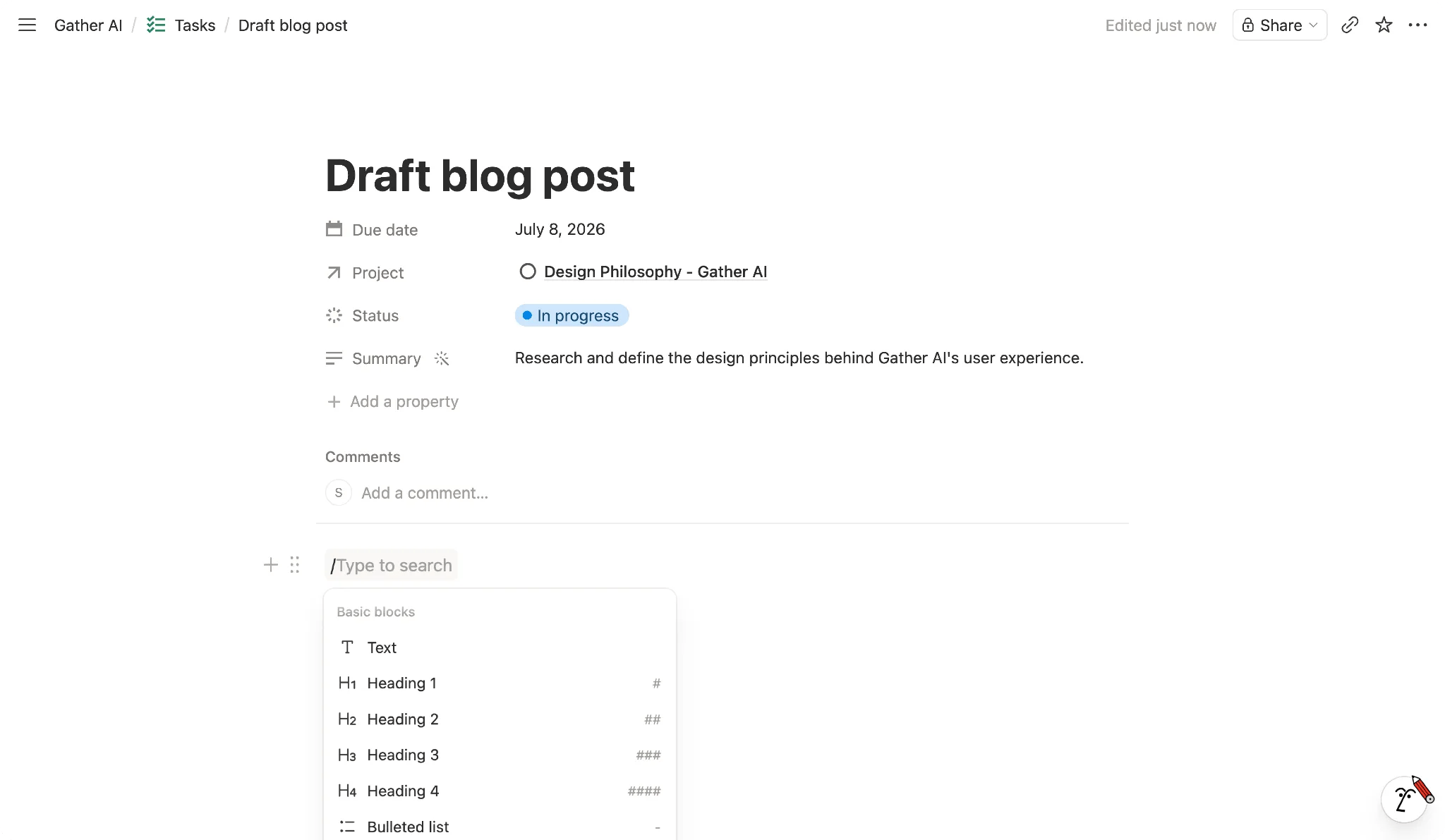 A Notion page for a task, with its properties at the top, comments below them, and a slash-command menu open in the body