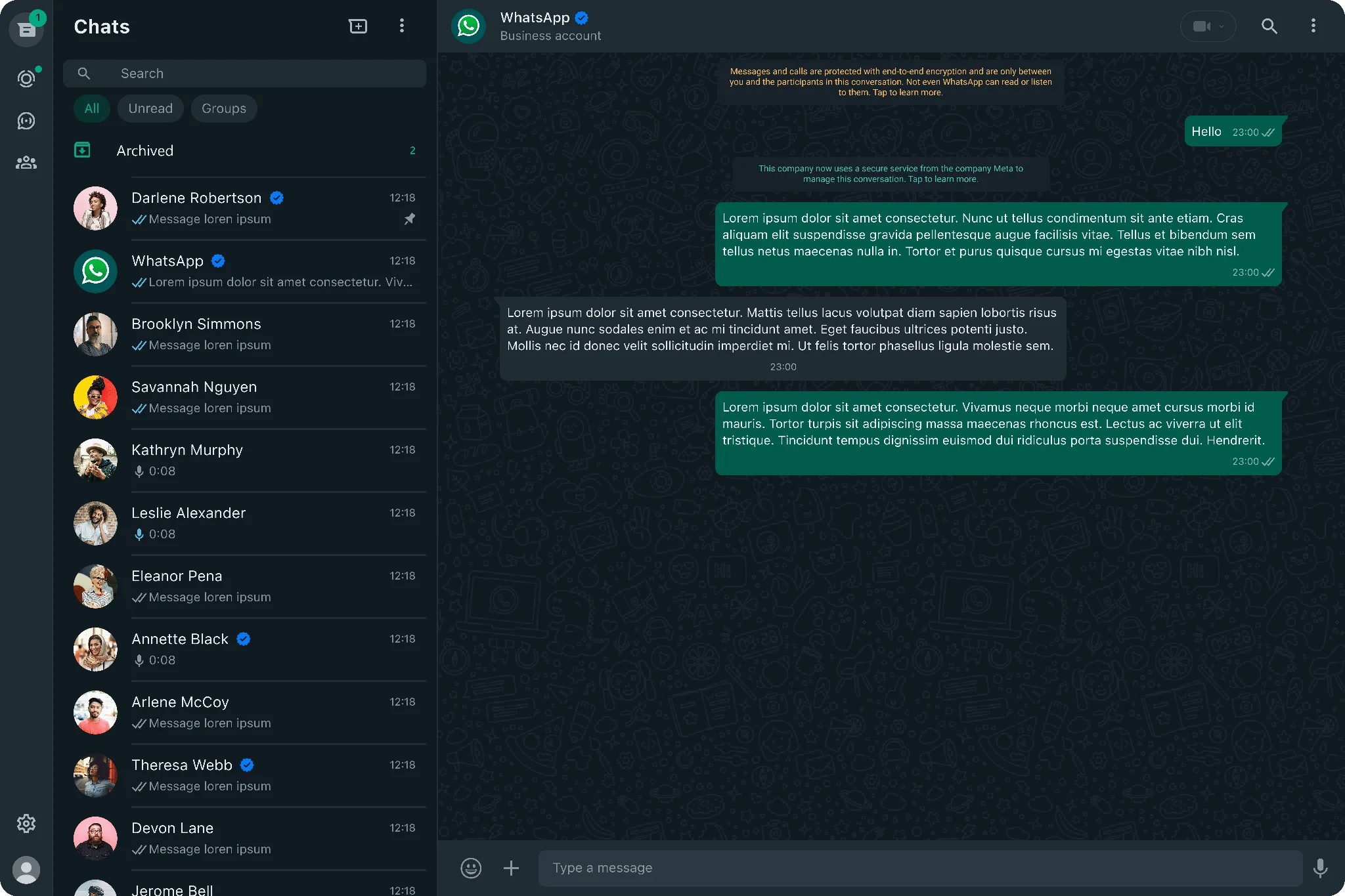 WhatsApp on the desktop: a list of conversations on the left, the active conversation in the main pane