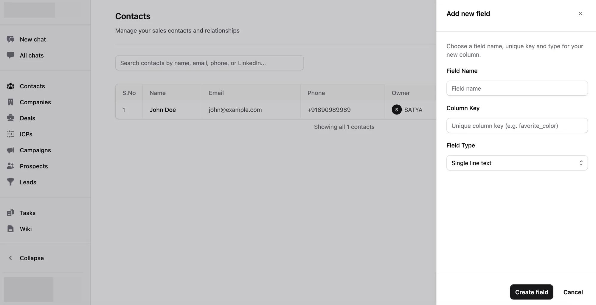 The Zuko contacts listing with the "Add new field" panel open, asking for a field name, a column key and a field type