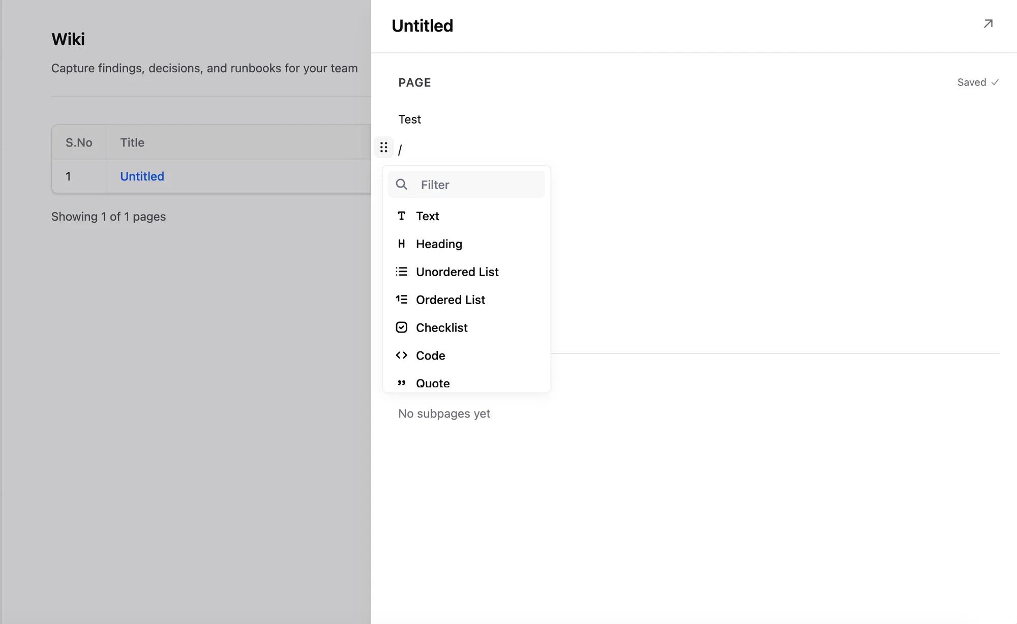 A Zuko wiki page with the slash-command menu open, offering text, heading, unordered list, ordered list, checklist, code and quote